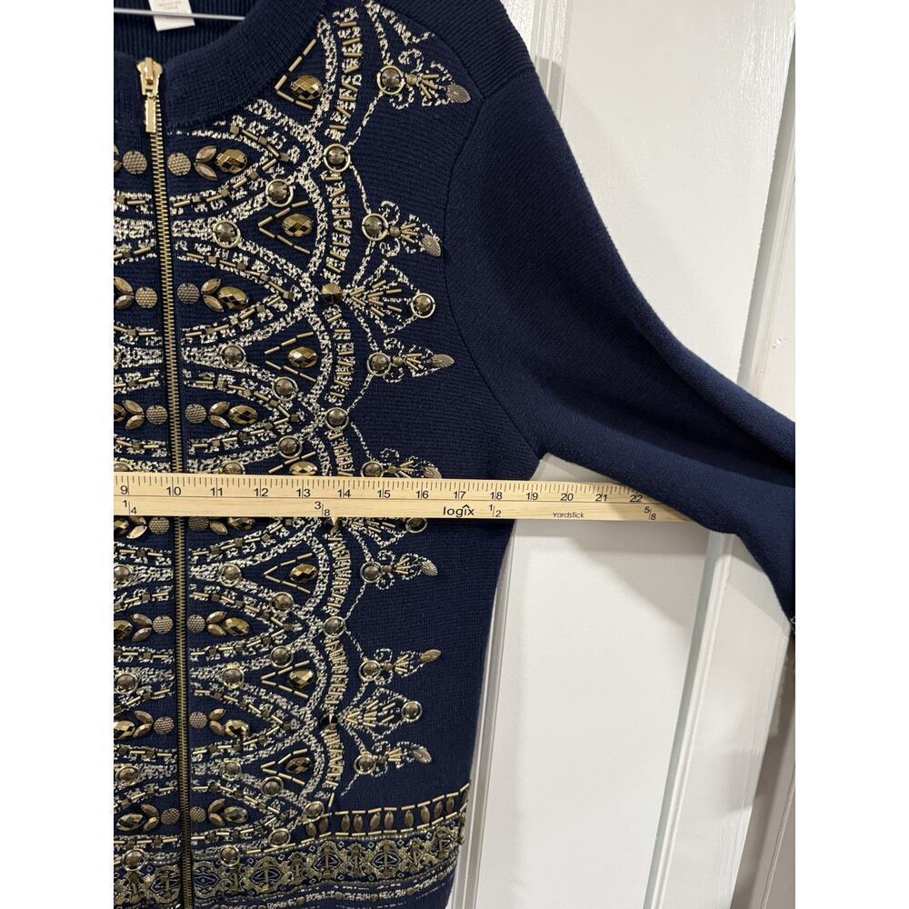 Chico’s Demitria Cardigan Navy Gold Beaded Embroidered Zip Jacket Sz 1 - Picture 9 of 14